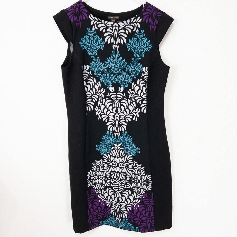 Voir Voir Womens Shift Dress Black Damask Stretch Jewel Neck Cap Sleeve 10